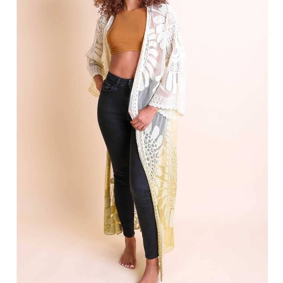 Ombre Lace Kimono Cardigan Yellow White Long - Picture 2 of 4